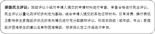 班级民主评议：班级评议小组对申请人提交的申请材料进行审查，审查合格进行民主评议。民主评议以量化测评初步判定为基础，结合申请人提交的其他证明材料、日常消费、操行表现及影响学生家庭经济状况的有关情况进行充分酝酿和评议，形成本班级（或年级、专业）家庭经济困难学生的建议名单和困难等级，报学院认定工作组进行审核。